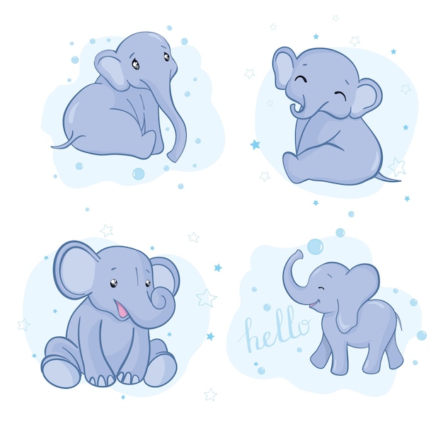 Set of cute cartoon baby elephants.