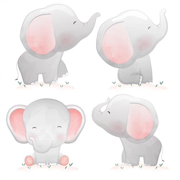 Set of cute cartoon baby elephants.