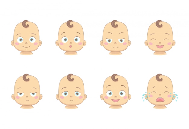 Vector set of cute cartoon baby or toddler with different funny emotions in flat design cartoon character. cute children with smiling, surprised, sad, laughing, dissatisfied, sad and crying face.