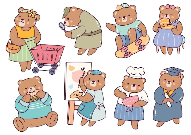 Vector set of cute cartoon bear doing various activities