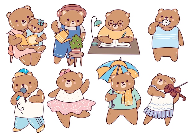 Set of Cute Cartoon Bear Doing Various Activities