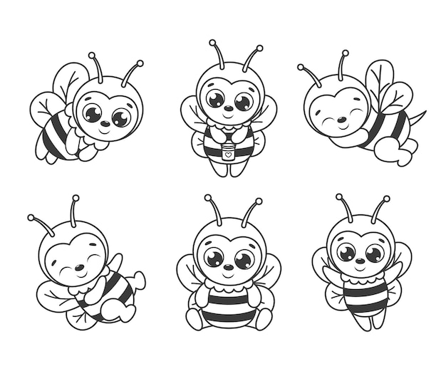 A set of cute cartoon bees. Black and white vector illustration for a coloring book. Contour drawing.