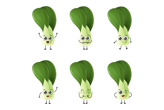 Set of cute cartoon bok choy vegetables vector character set isolated on white background