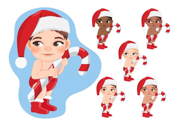 Vector set of cute cartoon boys red diaper santa hat holding candy cane on a light blue background vector