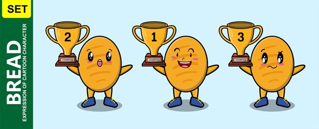 Set of cute cartoon bread holding trophy with happy expression in 3d modern style design