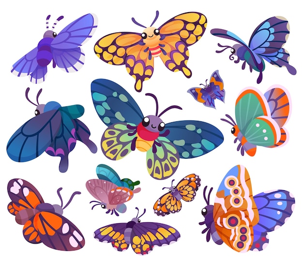 A set of cute cartoon butterflies isolated on a white background. Vector illustration.