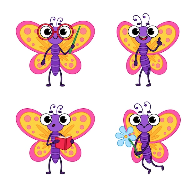 Vector set of cute cartoon butterfly reading book, holding flower, teaching, conducting lesson