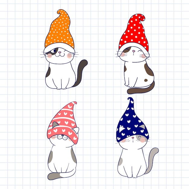 帽子をかぶったかわいい漫画の猫のセット 手描きのベクトル図