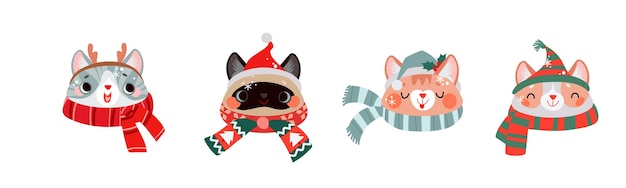 Set of cute cartoon cats heads with funny hats for christmas season