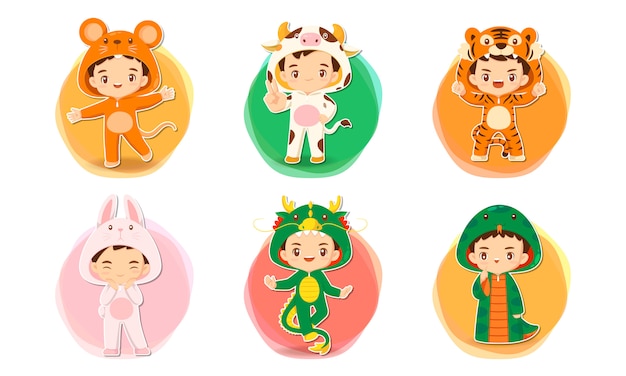Insieme del personaggio dei cartoni animati sveglio nell'illustrazione di concetto dello zodiaco cinese