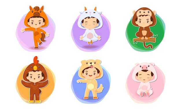 Set of cute cartoon character in chinese zodiac concept illustration