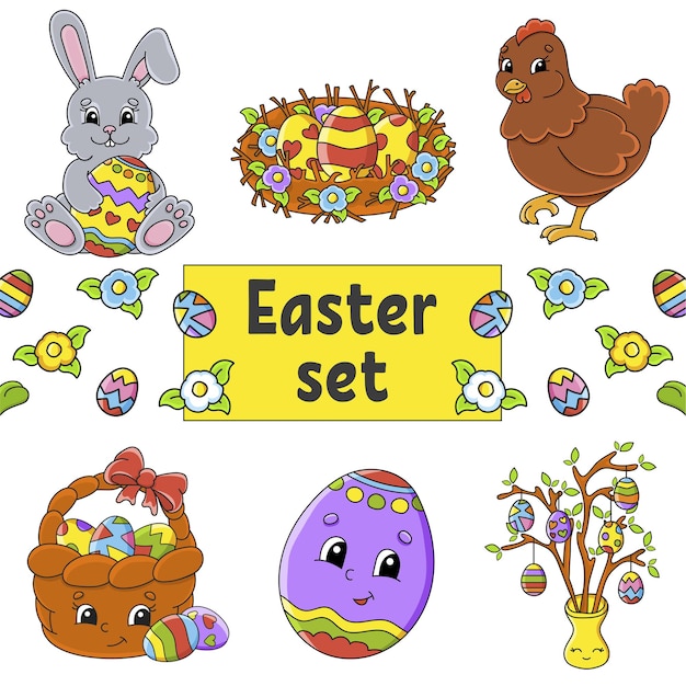 Set of cute cartoon characters. Easter clipart.