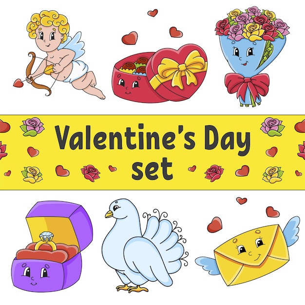 Set of cute cartoon characters Valentine's Day clipart Hand drawn Colorful pack Patch badges collection