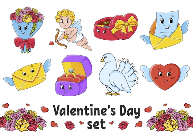 Set di simpatici personaggi dei cartoni animati. san valentino.