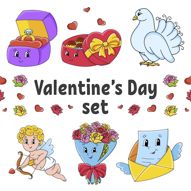 Набор милых героев мультфильмов День Святого Валентина клипарт Рисованной