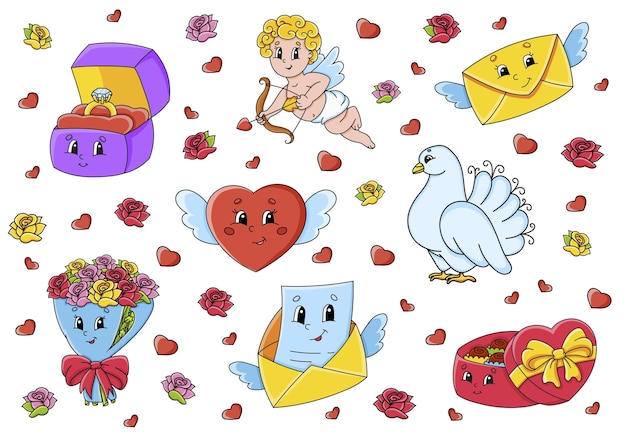 Set of cute cartoon characters Valentines Day clipart