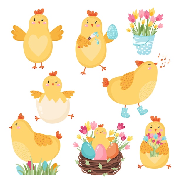 Set of cute cartoon chikens for easter design. Vector illustration