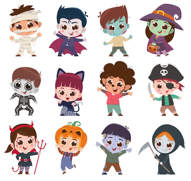 Set of cute cartoon children. Happy Halloween. Halloween costume kids