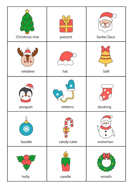 Set di elementi di natale simpatico cartone animato con nomi in inglese.