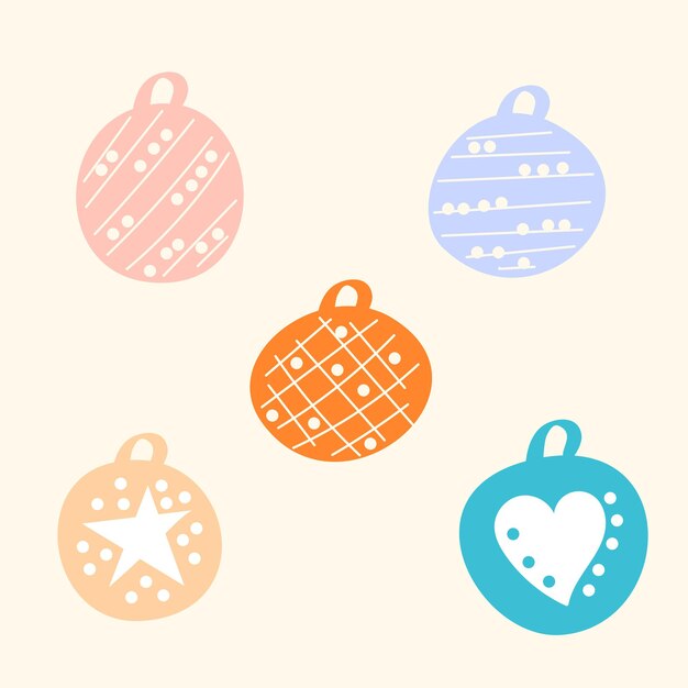 set of cute cartoon color christmas decoration balls, original doodle vector drawing