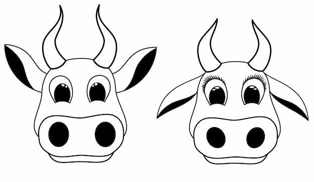 Set cute cartoon cow face icon Doodle style logo illustration