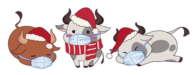 Vector set of cute cartoon cows wearing medical mask and christmas costume.