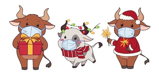 Set of cute cartoon cows wearing medical mask and christmas costume.