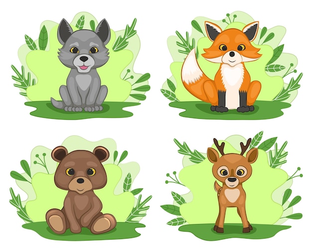 Set di simpatici cuccioli di cartone animato di animali della foresta. lupo, volpe, orso e cervo. stile cartone animato.