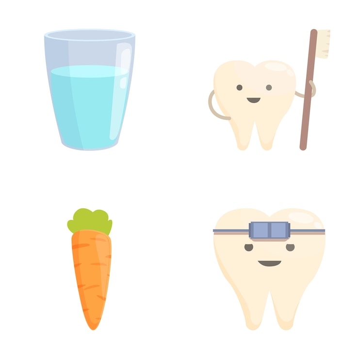 Vector set of cute cartoon dental icons including a glass of water smiling tooth toothbrush carrot and tooth with braces