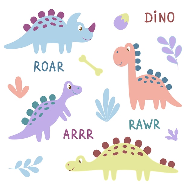 Set of cute cartoon dinosaurs. colorfull funny dinosaurs for baby.