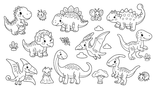 set of cute cartoon dinosaurs and prehistoric elements for coloring books crafts and kid activities