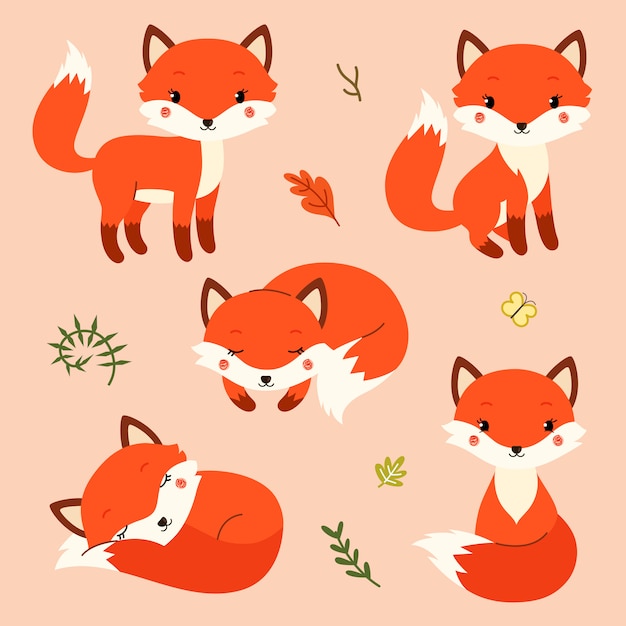 Set of cute cartoon foxes in modern simple flat style.