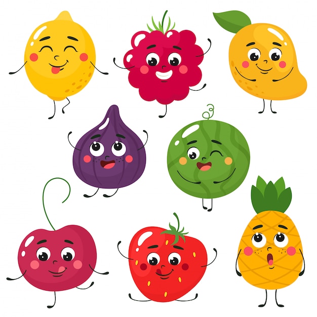 Set of cute cartoon fruits. isolates in cartoon flat style on a white background.