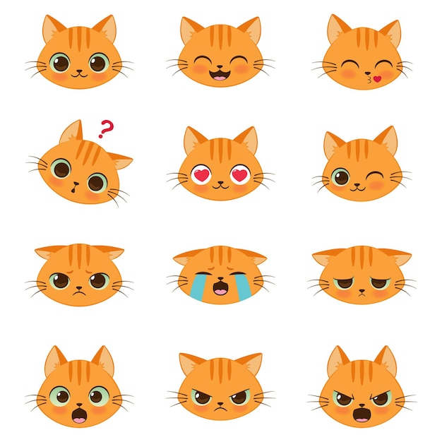 Vector set of cute cartoon ginger cat with various emotions