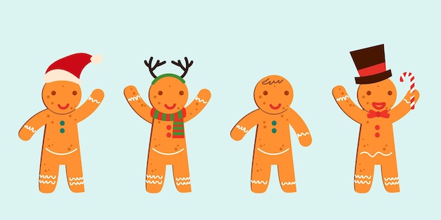 Set of cute cartoon gingerbread man cookies Christmas cartoon characters Vector illustration isolat