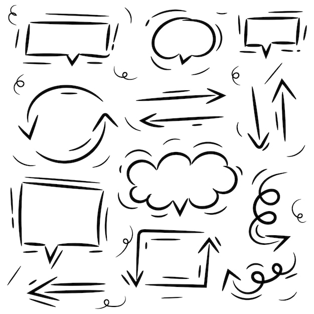 Set of cute cartoon hand drawn arrows and cloud shapes comic doodle isolated