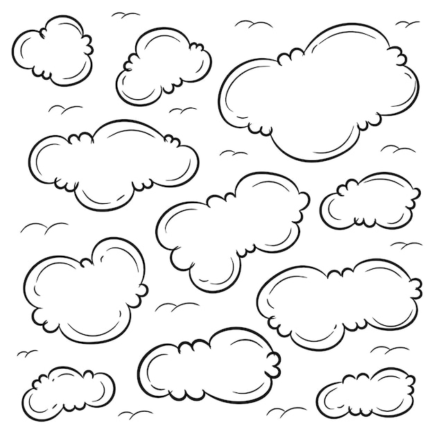 set of cute cartoon hand drawn clouds comic doodle isolated