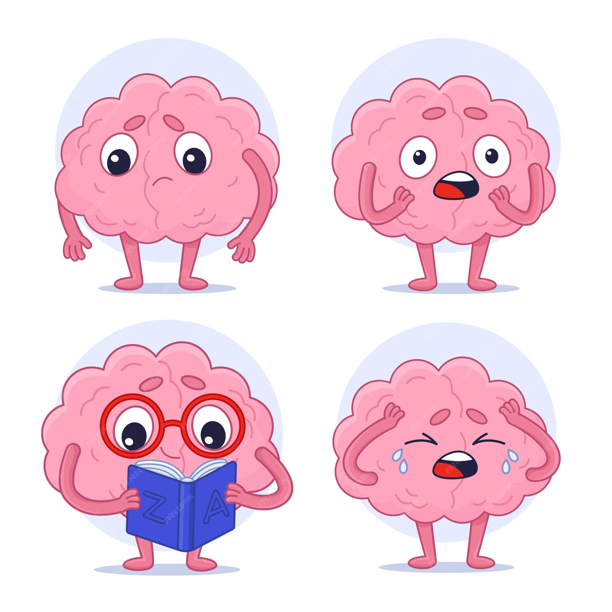 Premium Vector | Set of cute cartoon human brain characters crying reading book being sad Premium Vector | Set of cute cartoon human brain characters crying reading book being sad