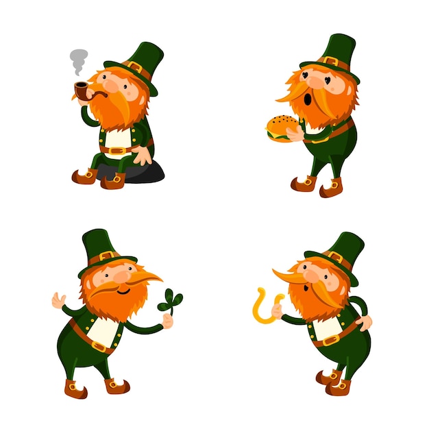 Set di leprechaun simpatico cartone animato che fuma mangiare hamburger con trifoglio e ferro di cavallo dorato