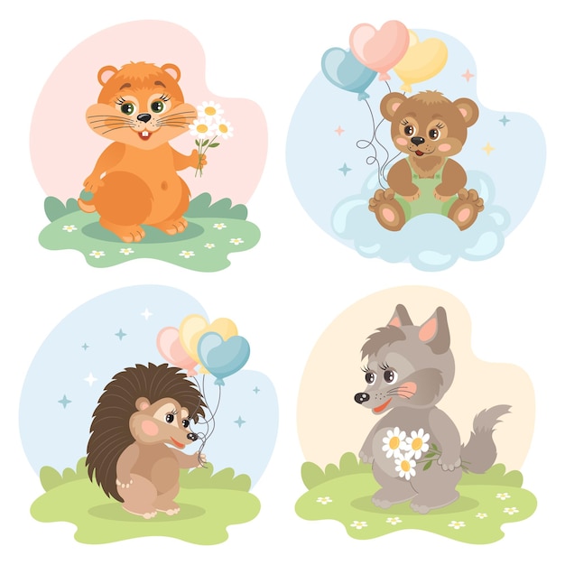 Set of cute cartoon little animal characters giraffe teddy bear squirrel chicken duckling