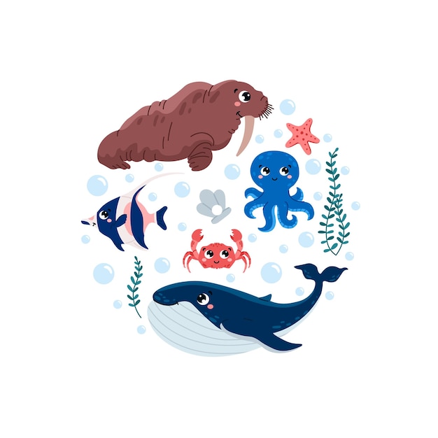 Set di piante di mammiferi marini simpatico cartone animato e bolle in stile piatto di forma rotonda