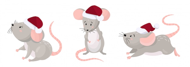 Set of cute cartoon mice in a red christmas hat. new year 2020 design. illustration on a white background.