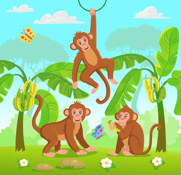 아프리카 벡터 만화 일러스트 레이 션의 귀여운 만화 원숭이 캐릭터 동물의 집합
