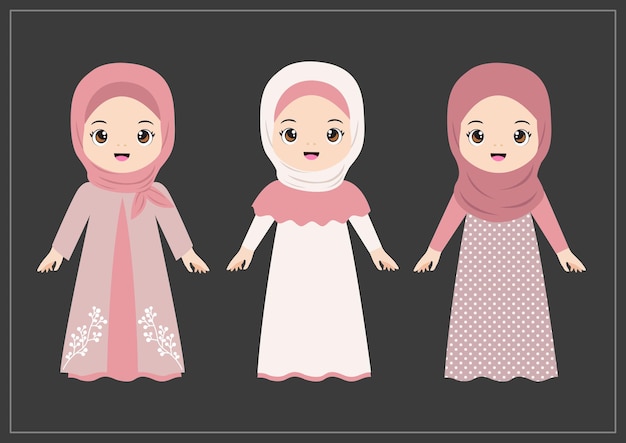 a set of cute cartoon muslim girls in beautiful dress