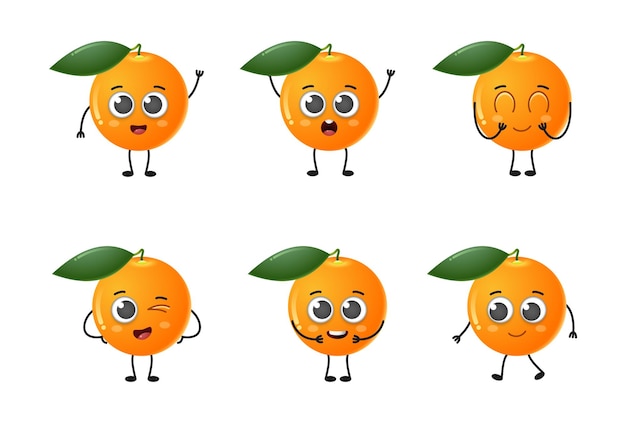 Vector set of cute cartoon orange fruit vector character set isolated on white background