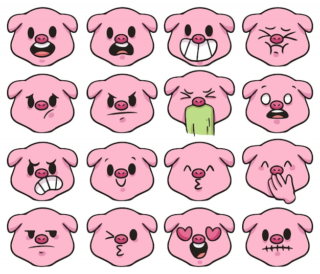 Set of cute cartoon pig emoji
