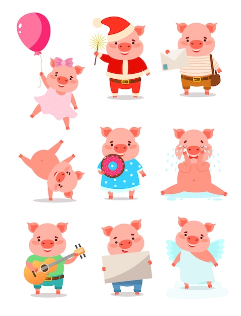 Vector a set of cute cartoon piglets in different actions.   illustration in flat cartoon style.