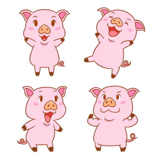 Set of cute cartoon pigs in different poses.