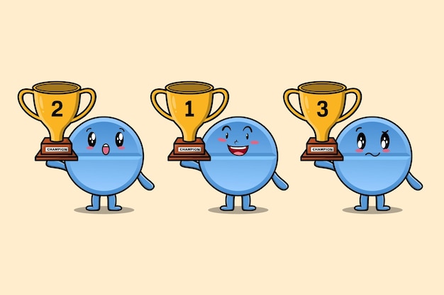 Set of cute cartoon pill medicine holding trophy with happy expression in flat modern style design