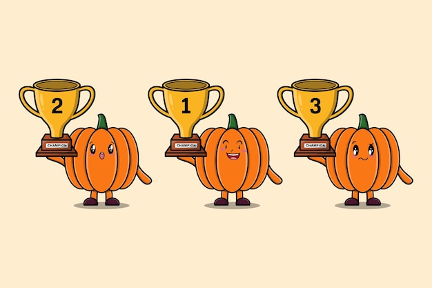 Set of cute cartoon Pumpkin holding trophy with happy expression in 3d modern style design